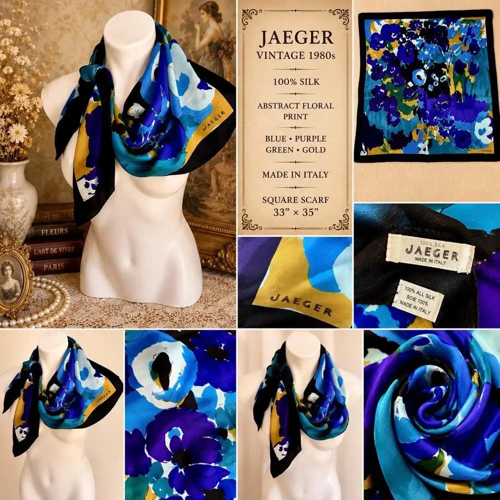 Jaeger 1980s Silk Scarf Blue Purple Abstract Floral 33x35 Made in Italy